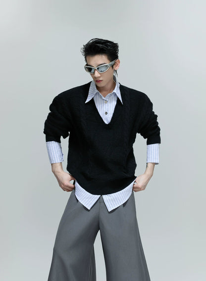 【25s Oct.】Shirt-paneled Button-down V-neck Sweater
