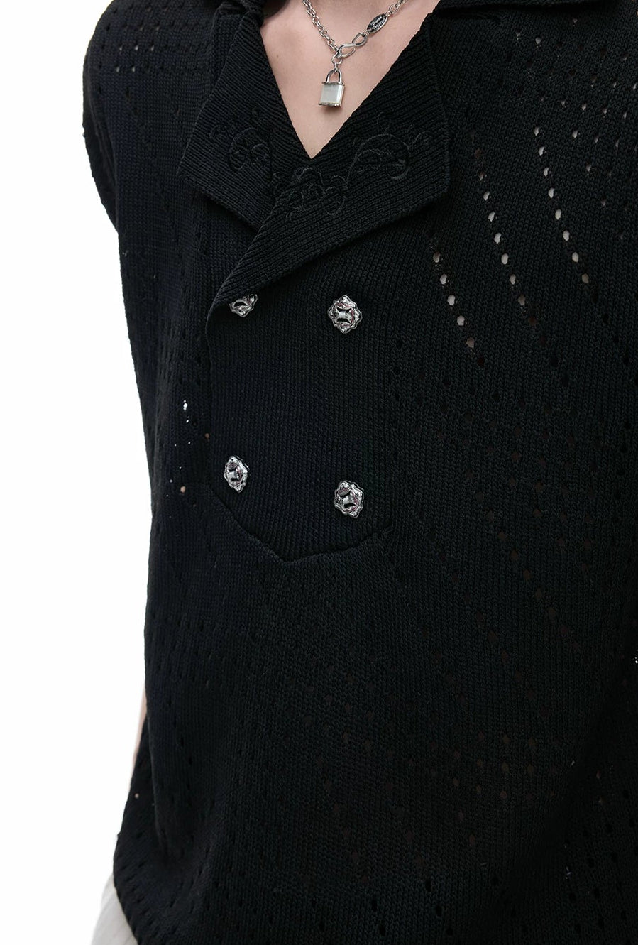 Openwork Embroidered Knit Polo Tee