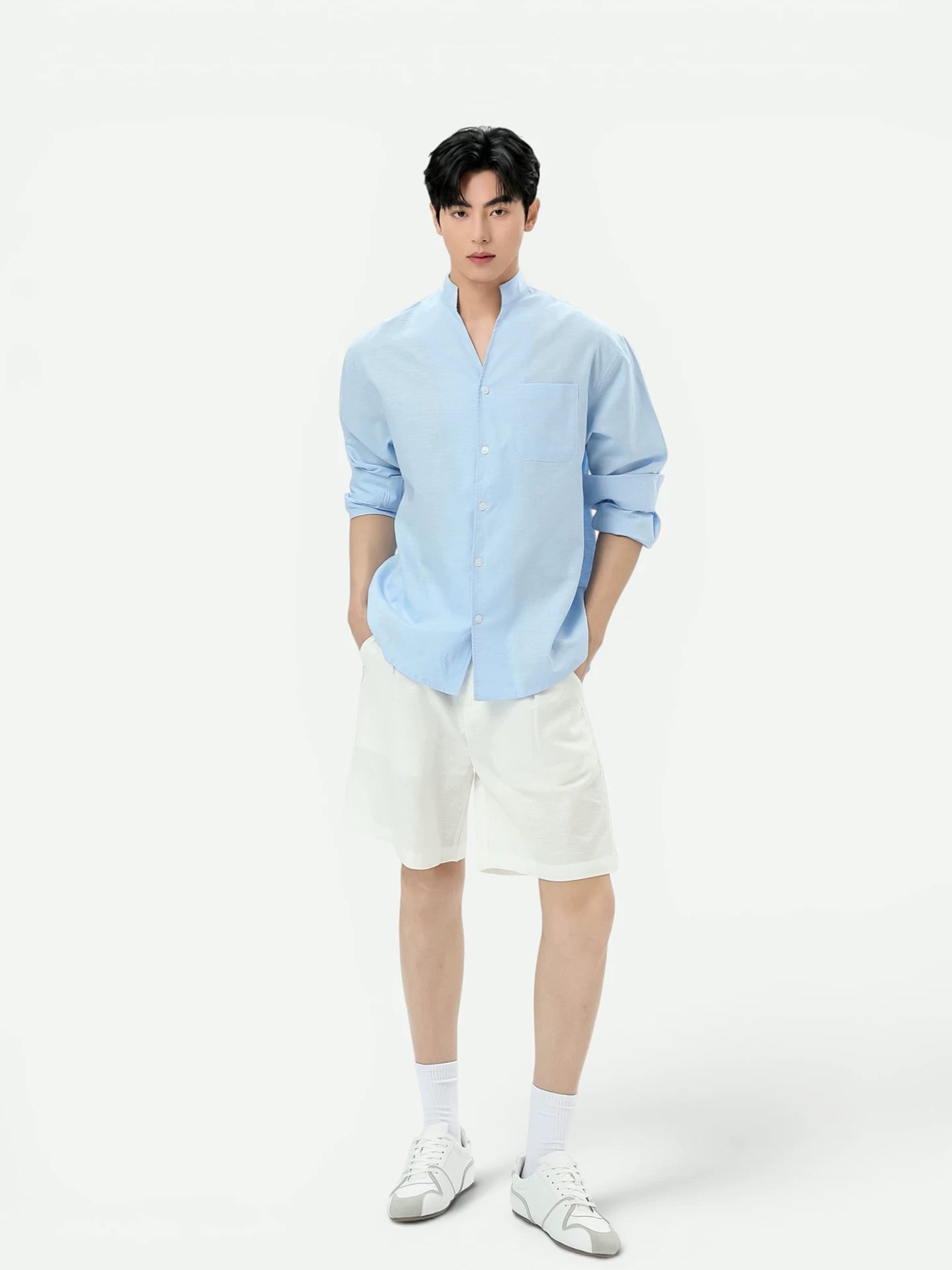 Stand Collar Linen Clean Fit Shirt