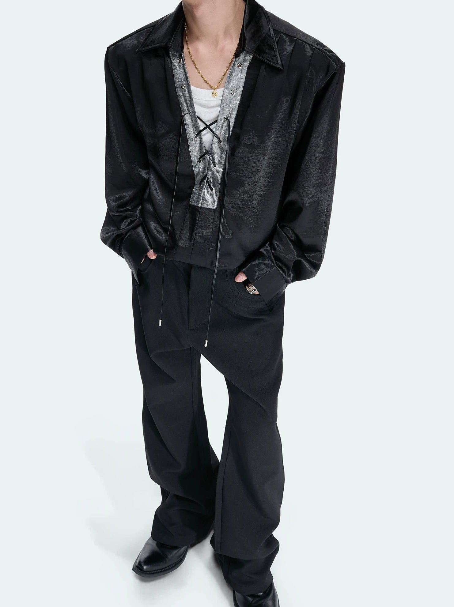 Contrast Lace-Up Satin V-Neck Shirt