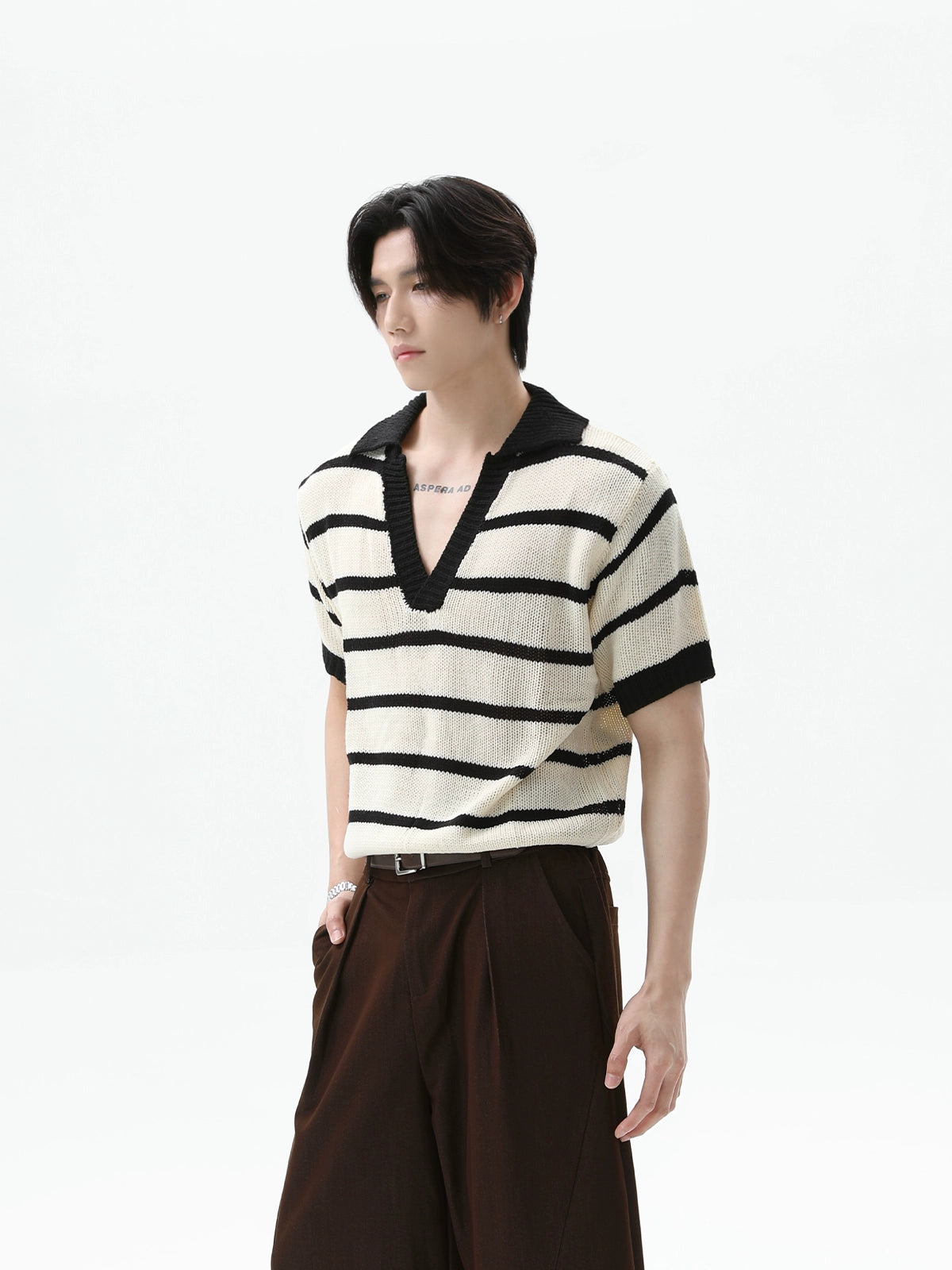 【25s Aug.】Striped Colorblock V-Neck Knit Tee