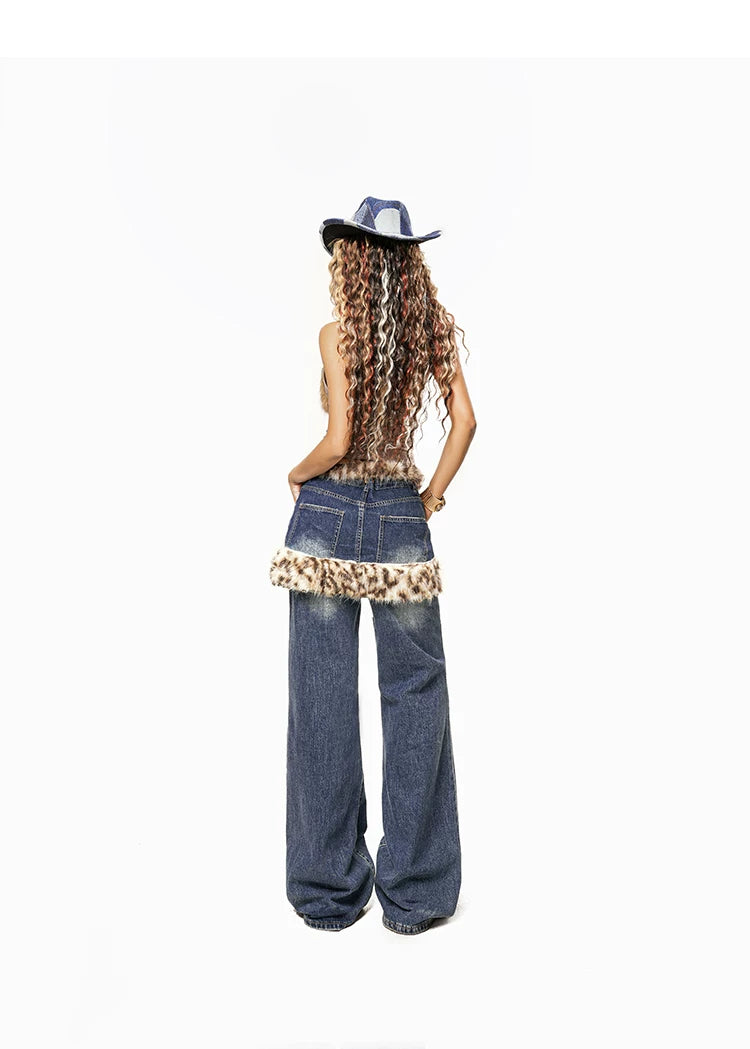 【26s Jan.】Leopard Faux-Layer Fur Panel Wide-Leg Denim Pants