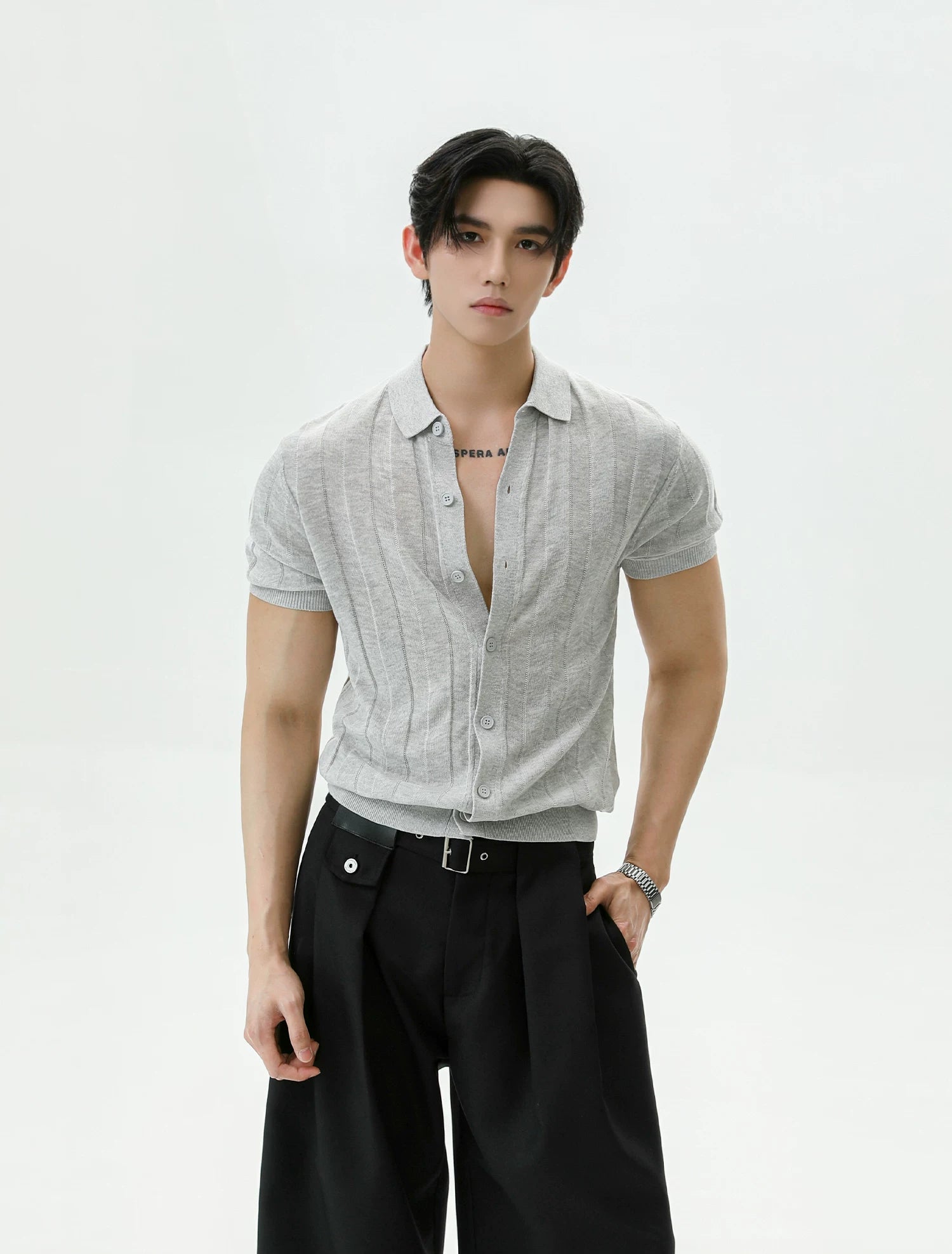 Ribbed Lyocell Knit Polo Cardigan