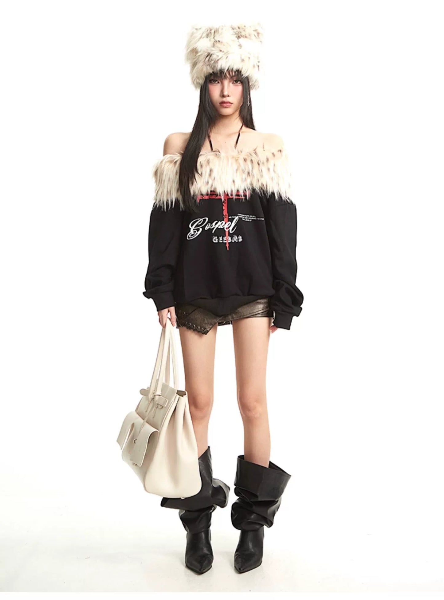 【25s Sep.】Vintage Off-the-shoulder Fur Collar Sweatshirt