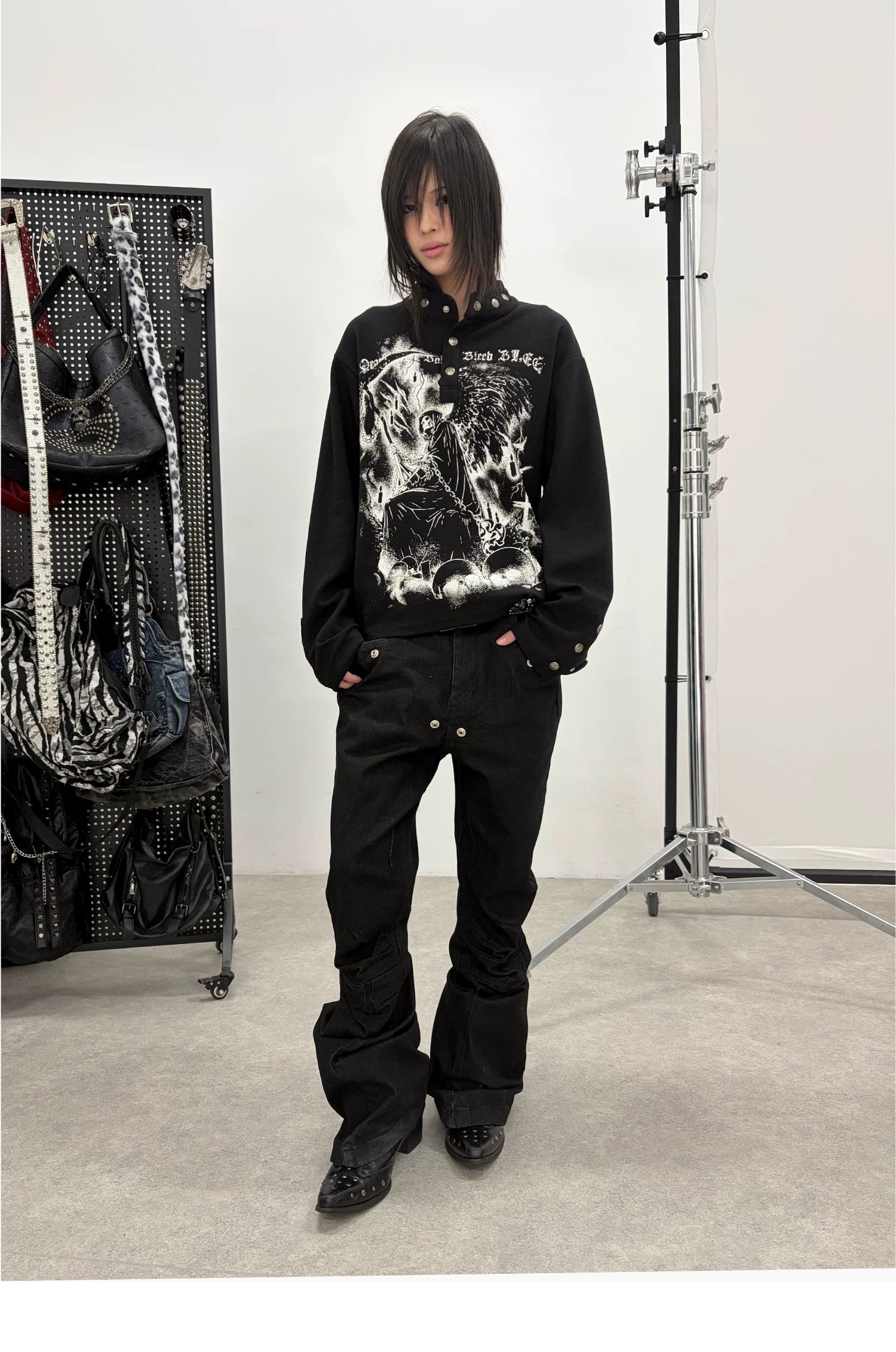 Dark Graphic Button Long Sleeve Tee