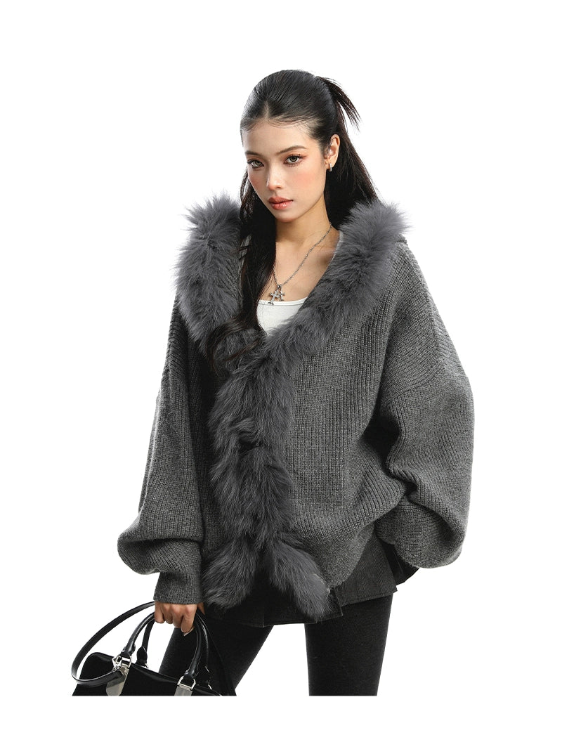 【25s Nov.】Large Fur Collar Patchwork Hooded Knit Sweater