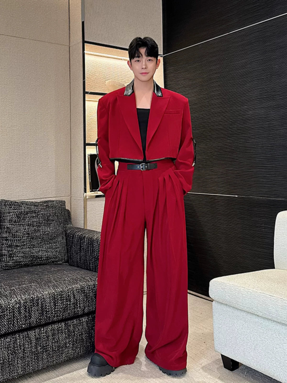 【26s Apr.】Color-Block Faux Leather Blazer & Wide-Leg Pants Set