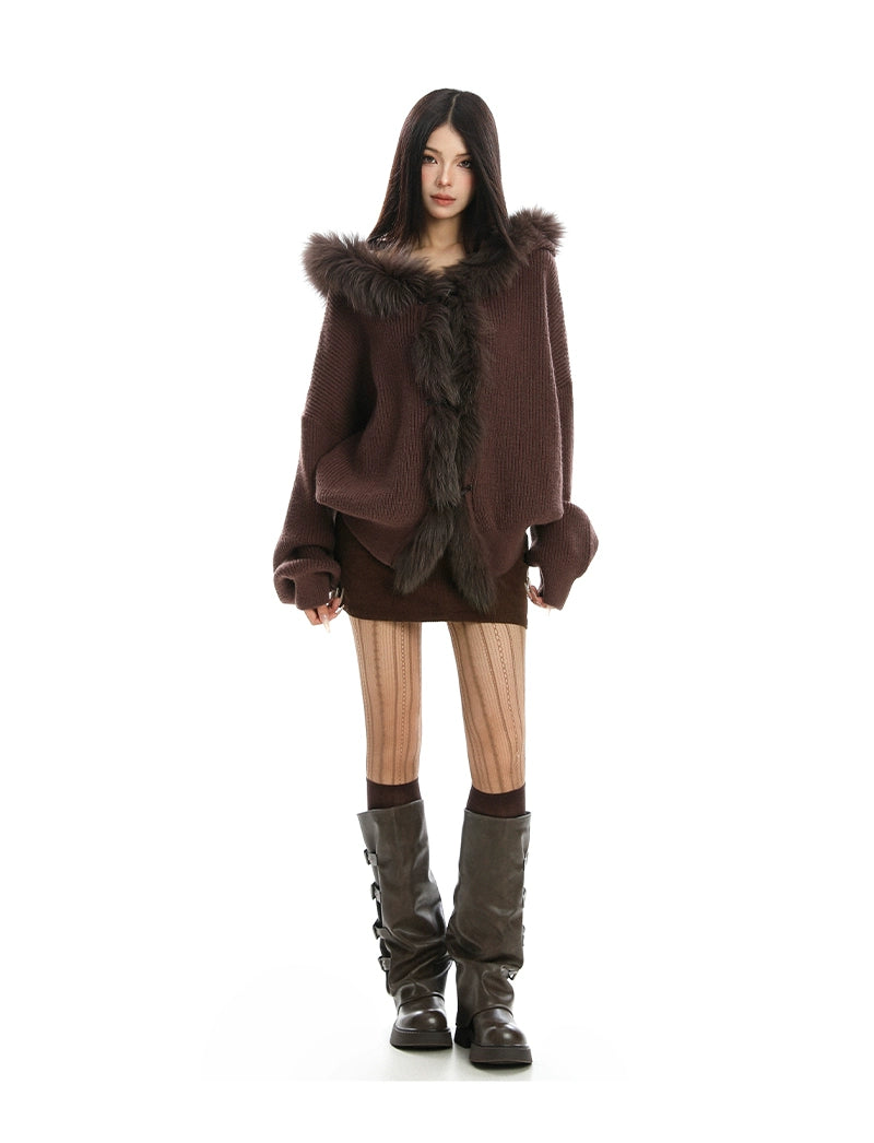 【25s Nov.】Large Fur Collar Patchwork Hooded Knit Sweater