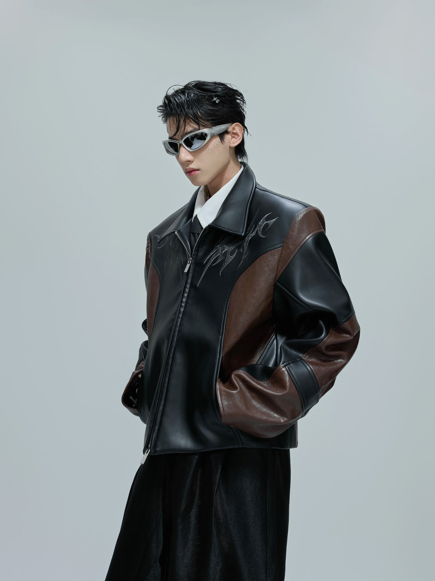 Embroidered Cropped Stand-up Collar Leather Jacket