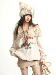 【25s Sep.】Vintage Off-the-shoulder Fur Collar Sweatshirt
