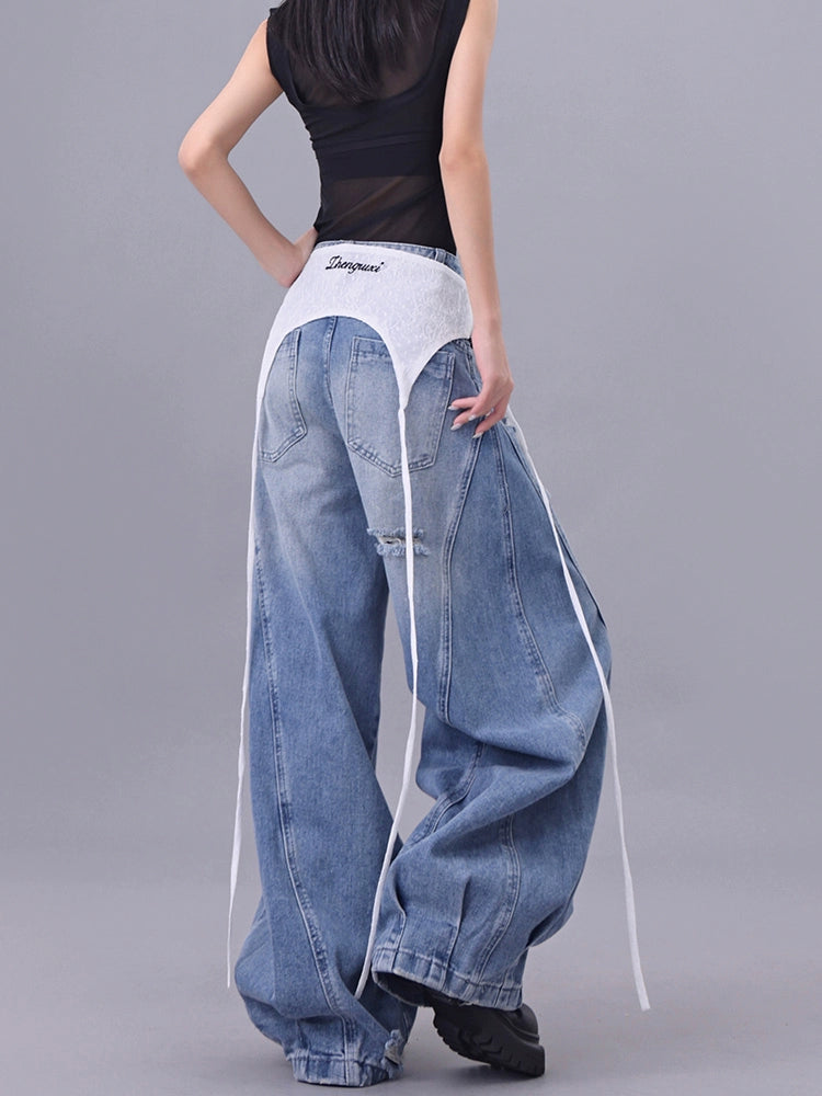 【25s Jul.】Lace Overlay Distressed Blade-Cut Wide Floor Jeans