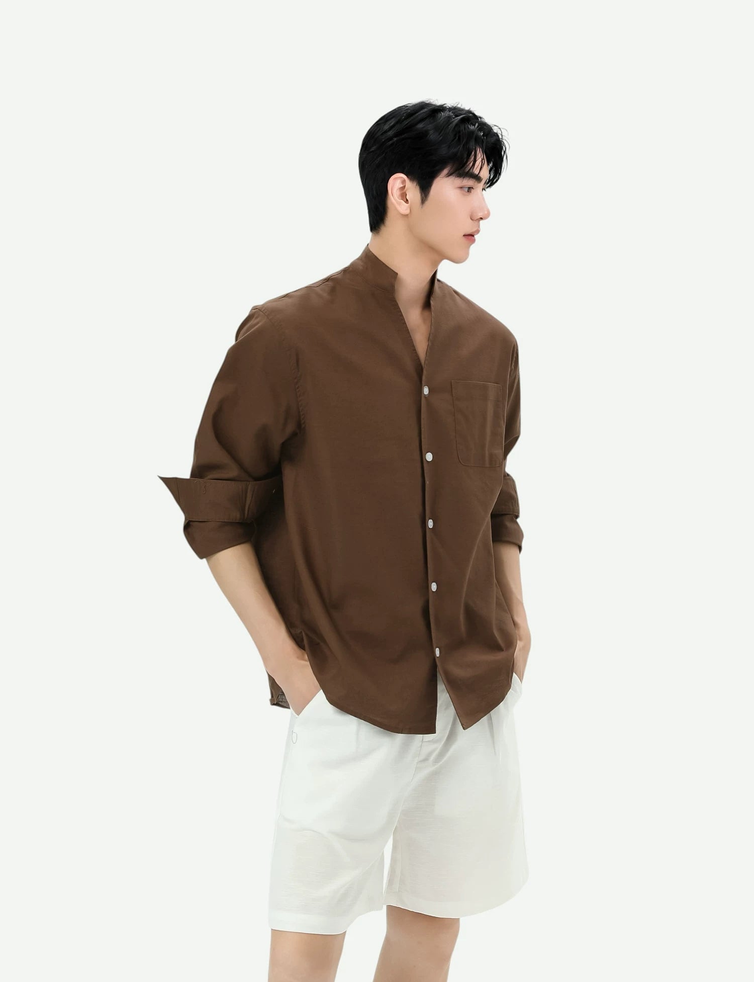 Stand Collar Linen Clean Fit Shirt