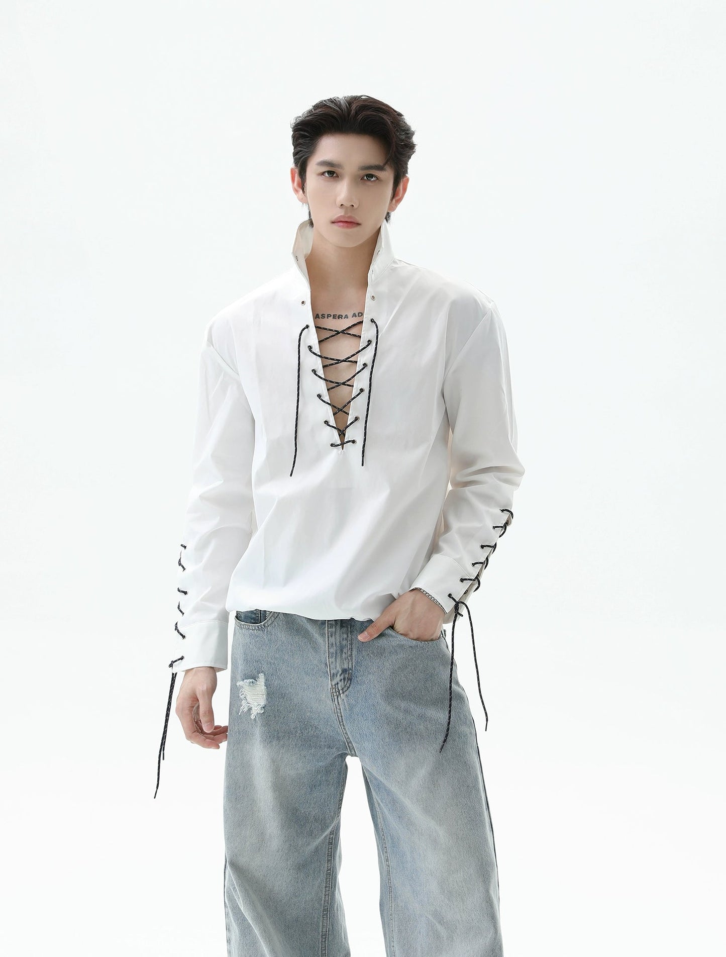 【25s Sep.】Deep V-neck Solid Color Tie-string Shirt