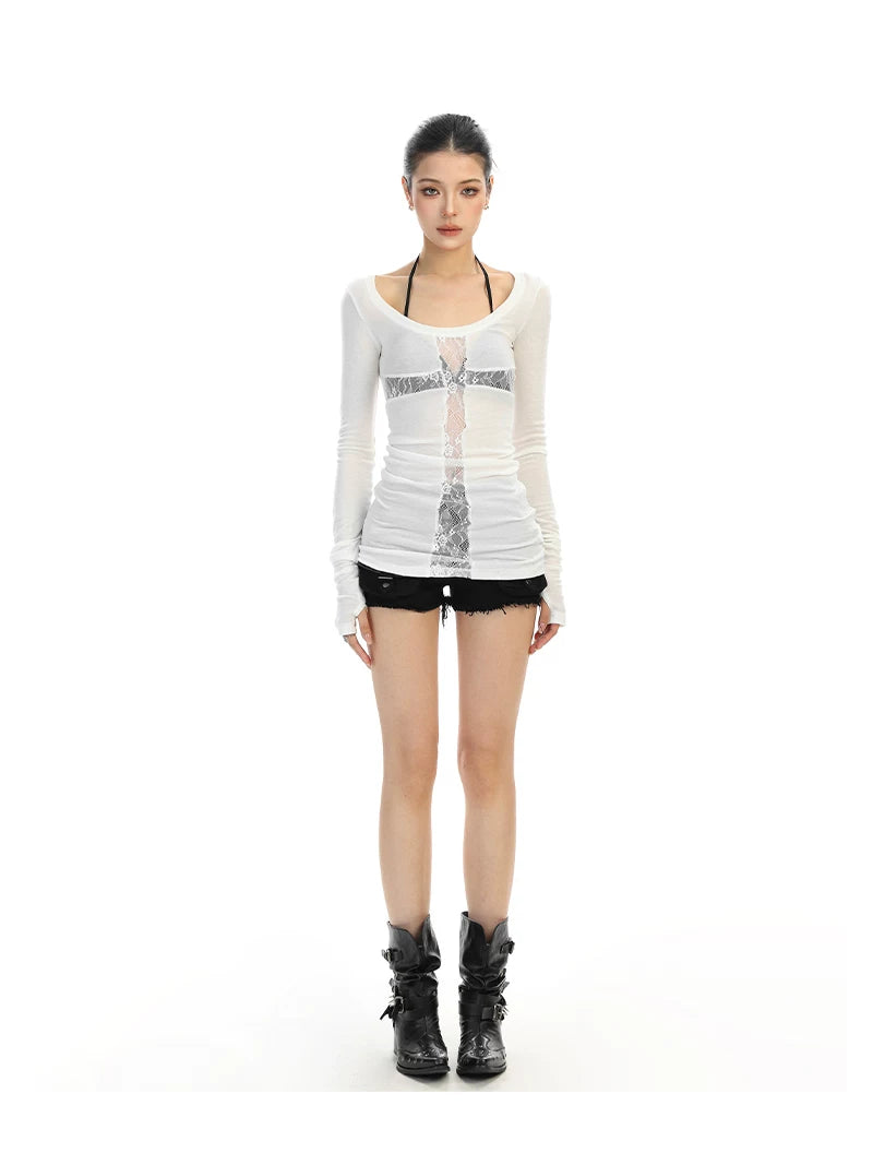 【26s Feb.】Lace Patchwork Cross Cut-Out Long-Sleeve Slim Fit Top