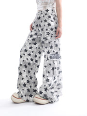 【26s May】Star Patch Distressed Camo Straight Denim Pants