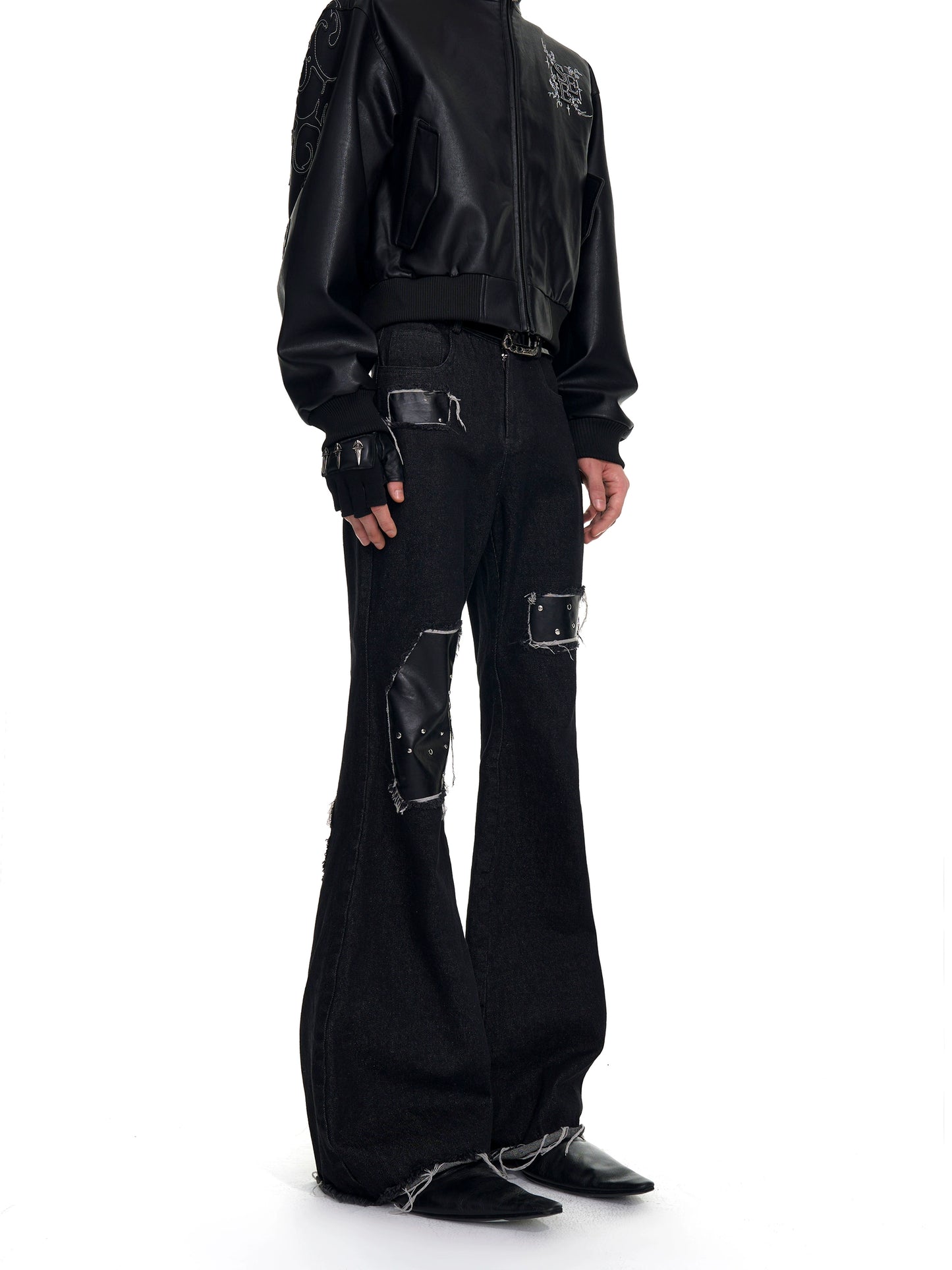 【25s Oct.】Raw-edge Fringed Leather Bootcut Jeans