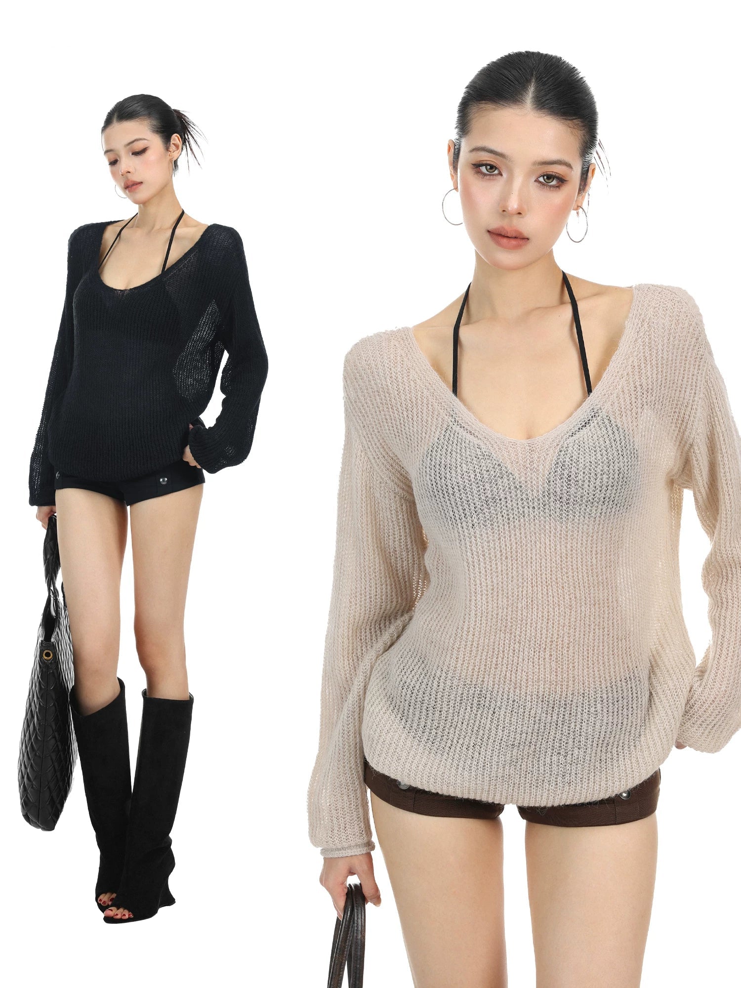 【26s May】Hollow V-Neck Sheer Knit Oversized Top