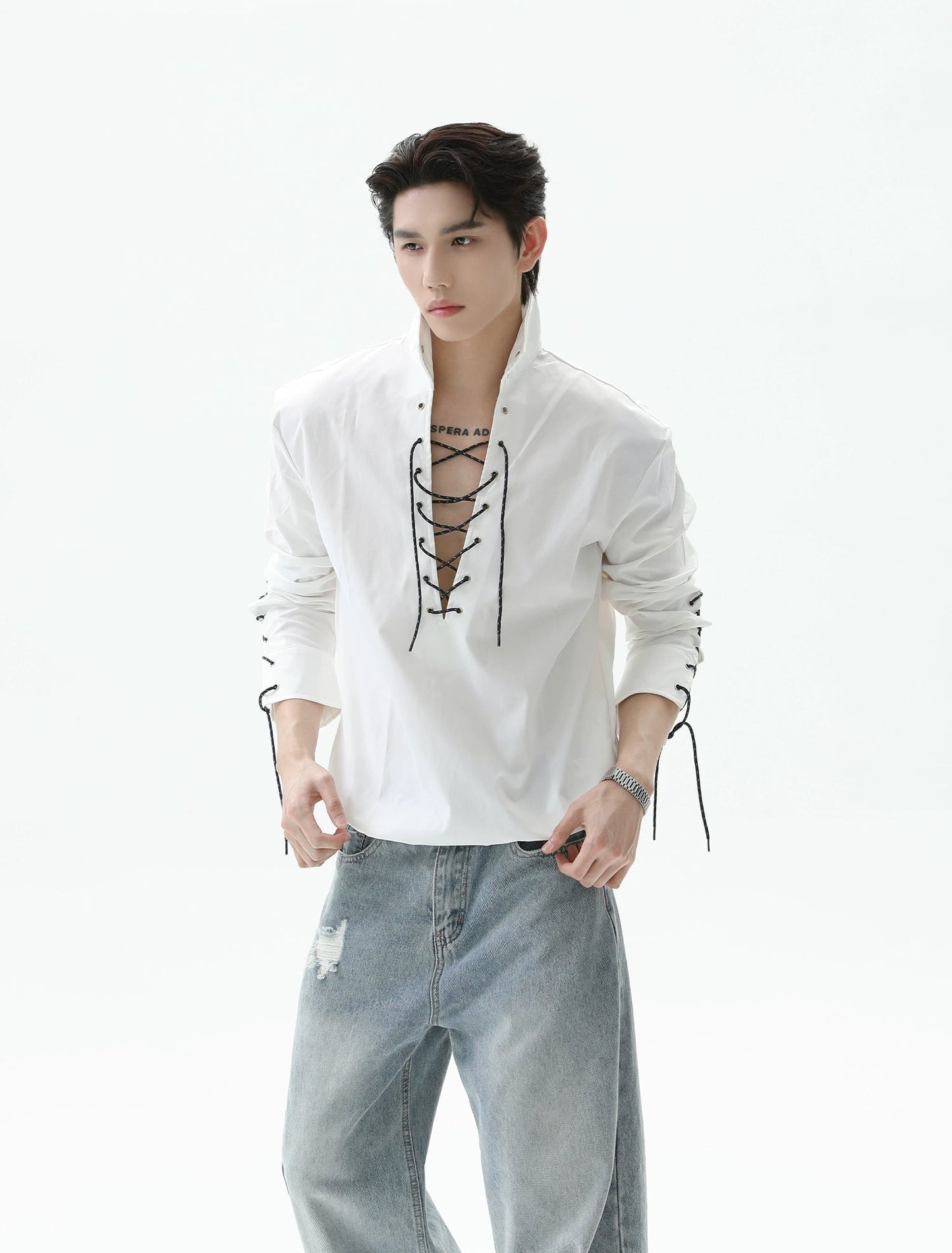 【25s Sep.】Deep V-neck Solid Color Tie-string Shirt