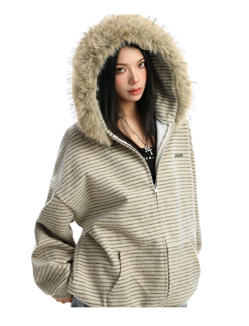 【25s Nov.】Striped Detachable Fur Collar Hooded Sweatshirt