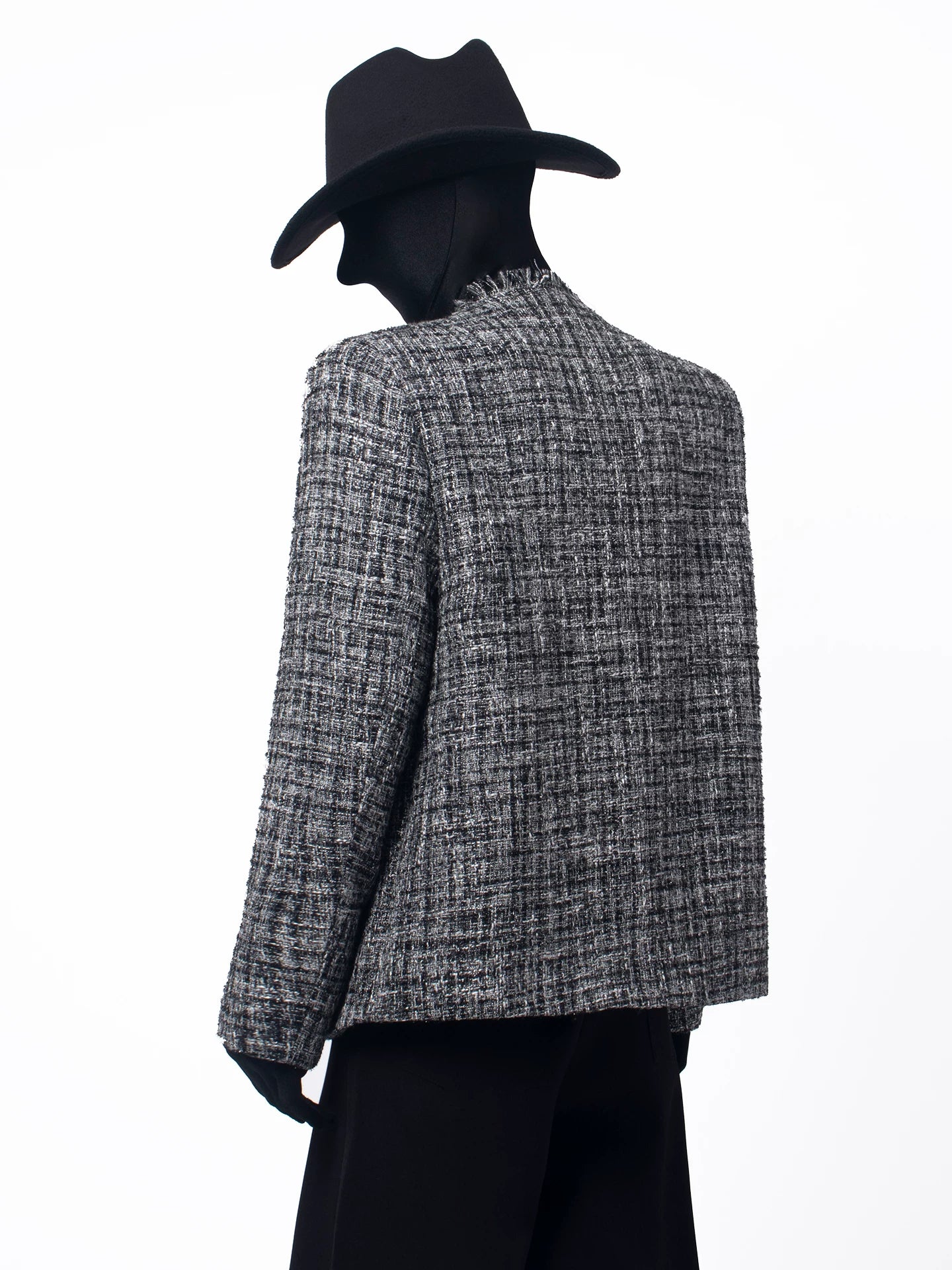 Frayed Trim Cropped Tweed Jacke