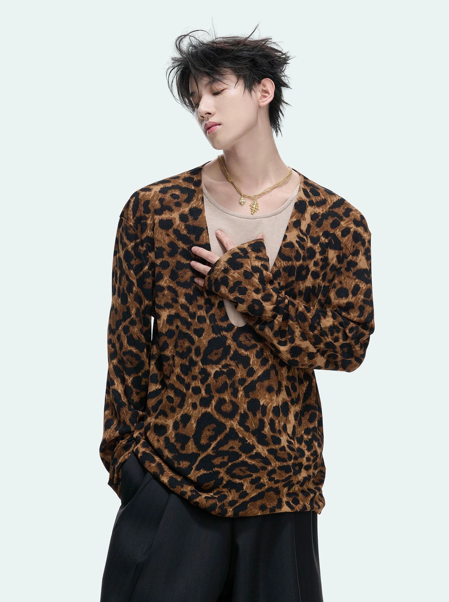 Leopard Texture Layered V-Neck Tee