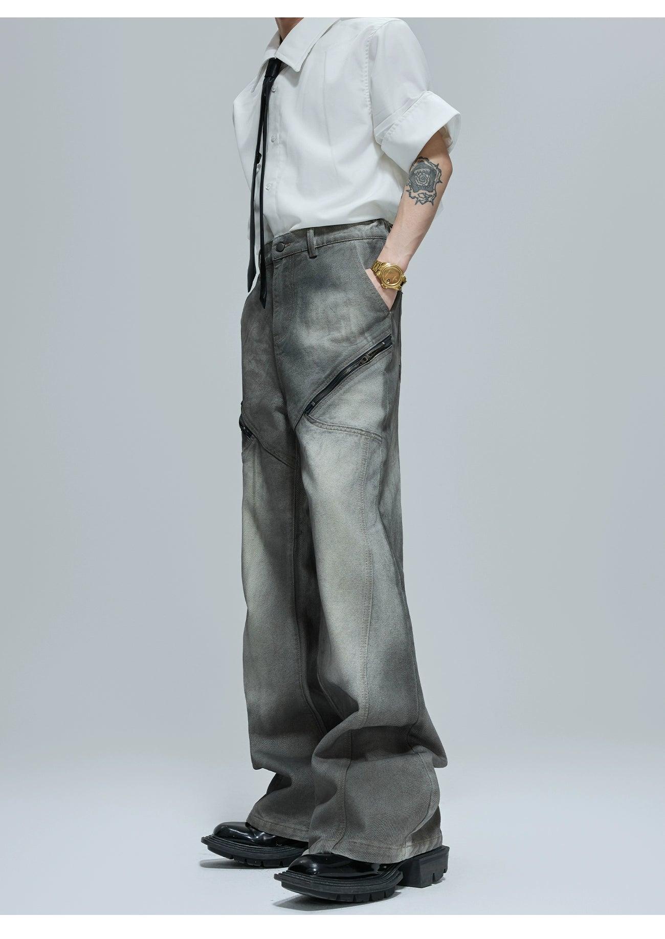 【25s Oct.】Wasteland-style Soft Denim Top/Deconstructed Zippered Flared Pants