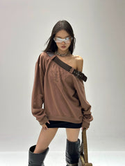 【25s Sep.】Belt with Off-shoulder Lazy Style Sweatshirt