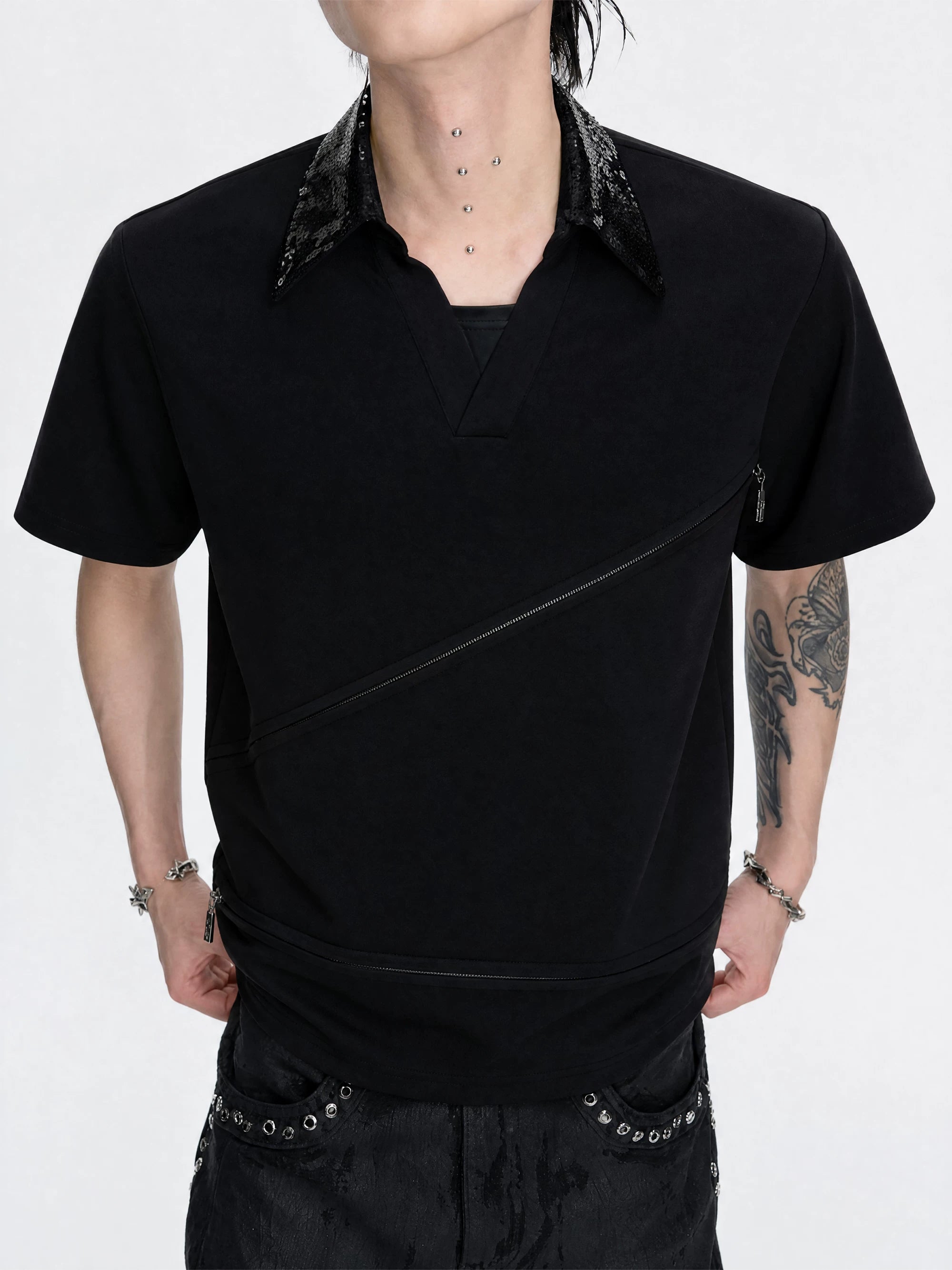 Asymmetric Zip Sequin Polo Tee