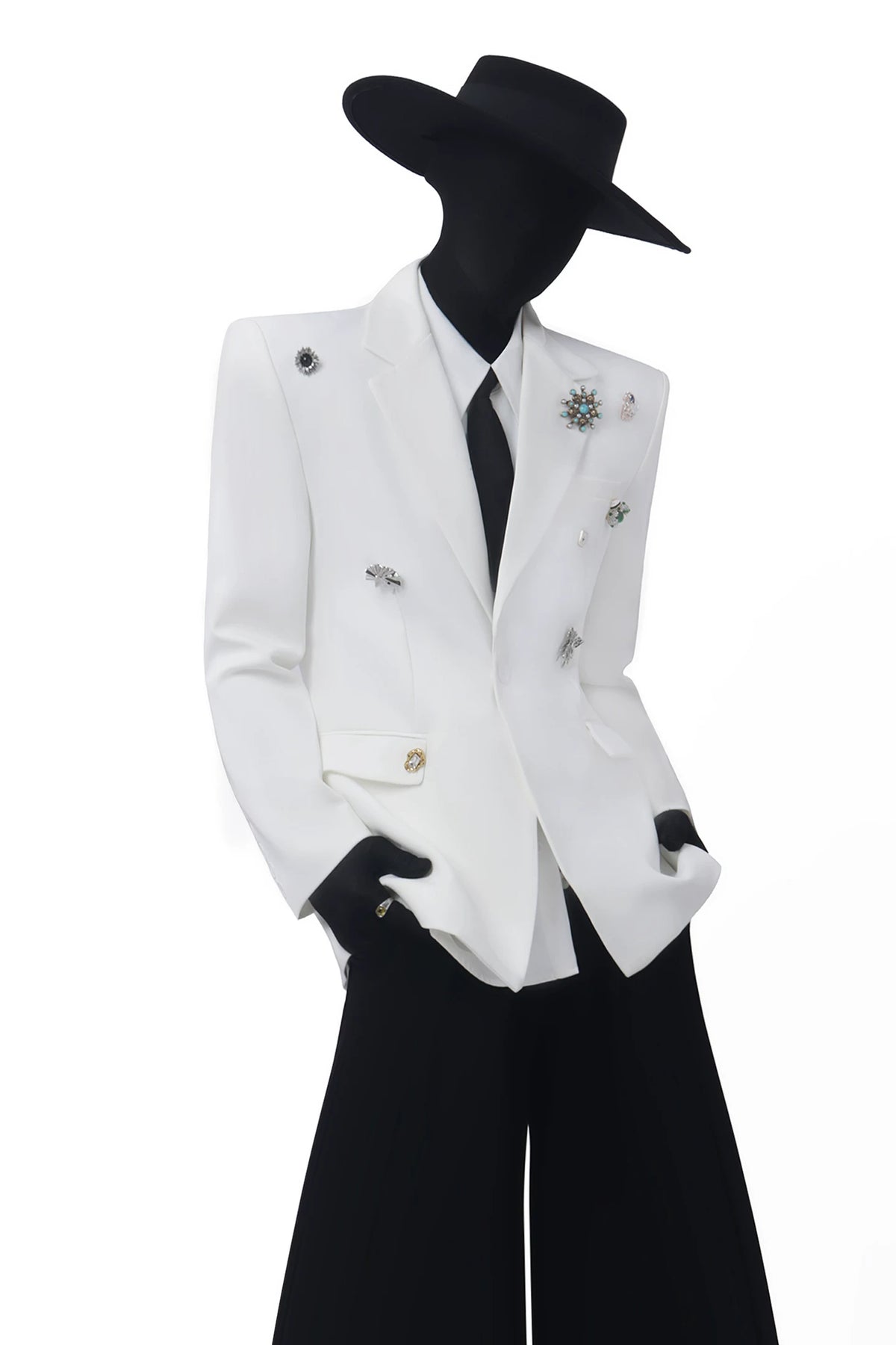 Metal Brooch White Blazer