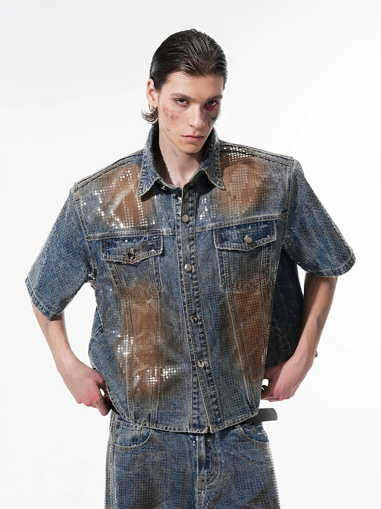 【25s May.】Hot Glue Sequin Short Sleeve Denim Jacket/Jeans