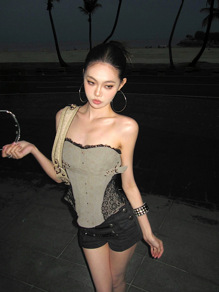 【25s May.】Lace Trim Boned Bustier Vest