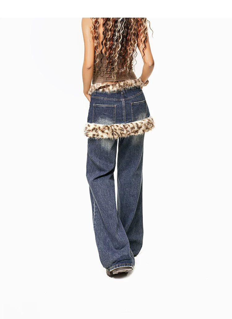 【26s Jan.】Leopard Faux-Layer Fur Panel Wide-Leg Denim Pants
