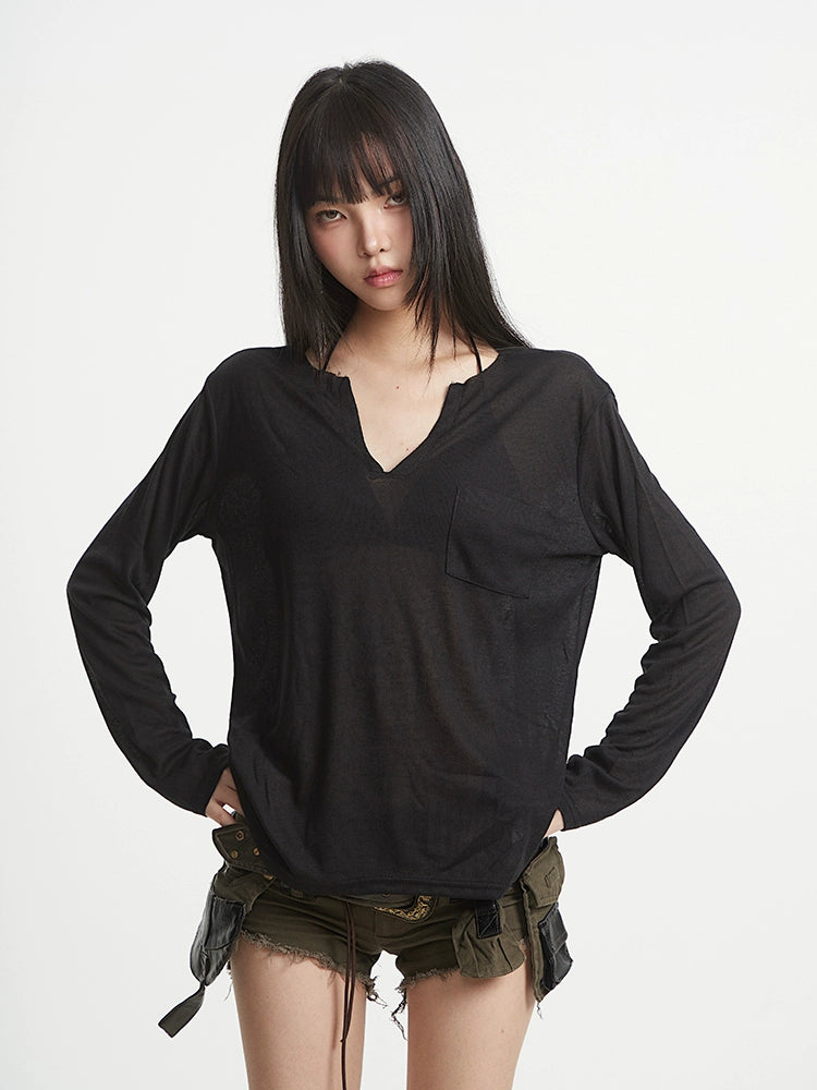 【25s Aug.】Black V-Neck Slim Fit Sheer UV Protection T-Shirt