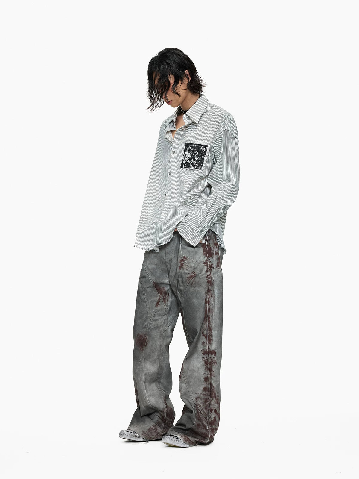 Blood Wash Distressed Flared Denim Jeans