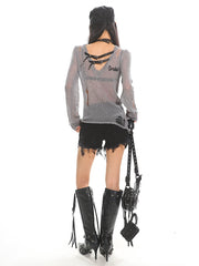 【25s Jul.】Vintage Belt Buckle Cutout Distressed Letter Sheer Cover-Up Top