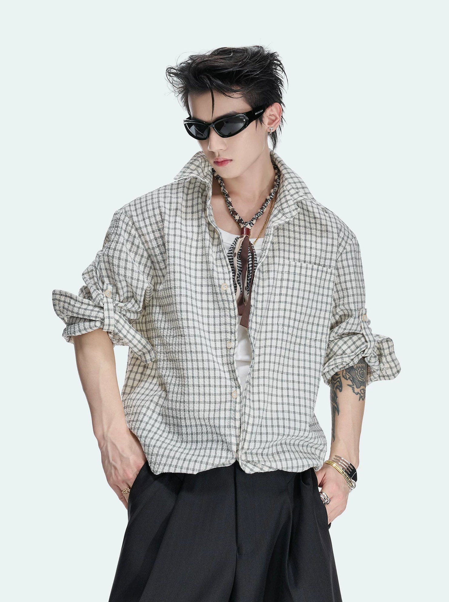 Textured Plaid Drawstring Shirt Jacket