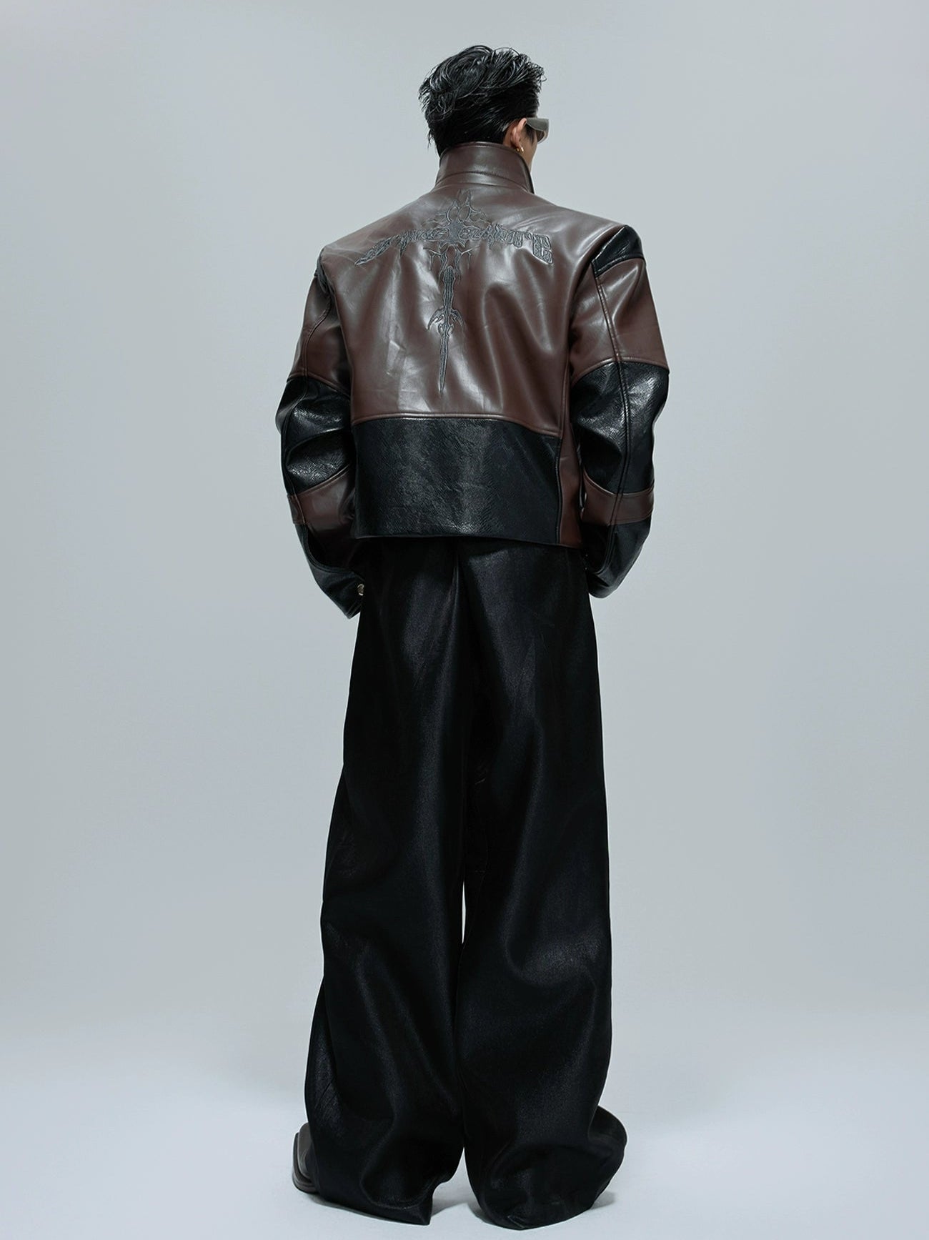 Embroidered Cropped Stand-up Collar Leather Jacket