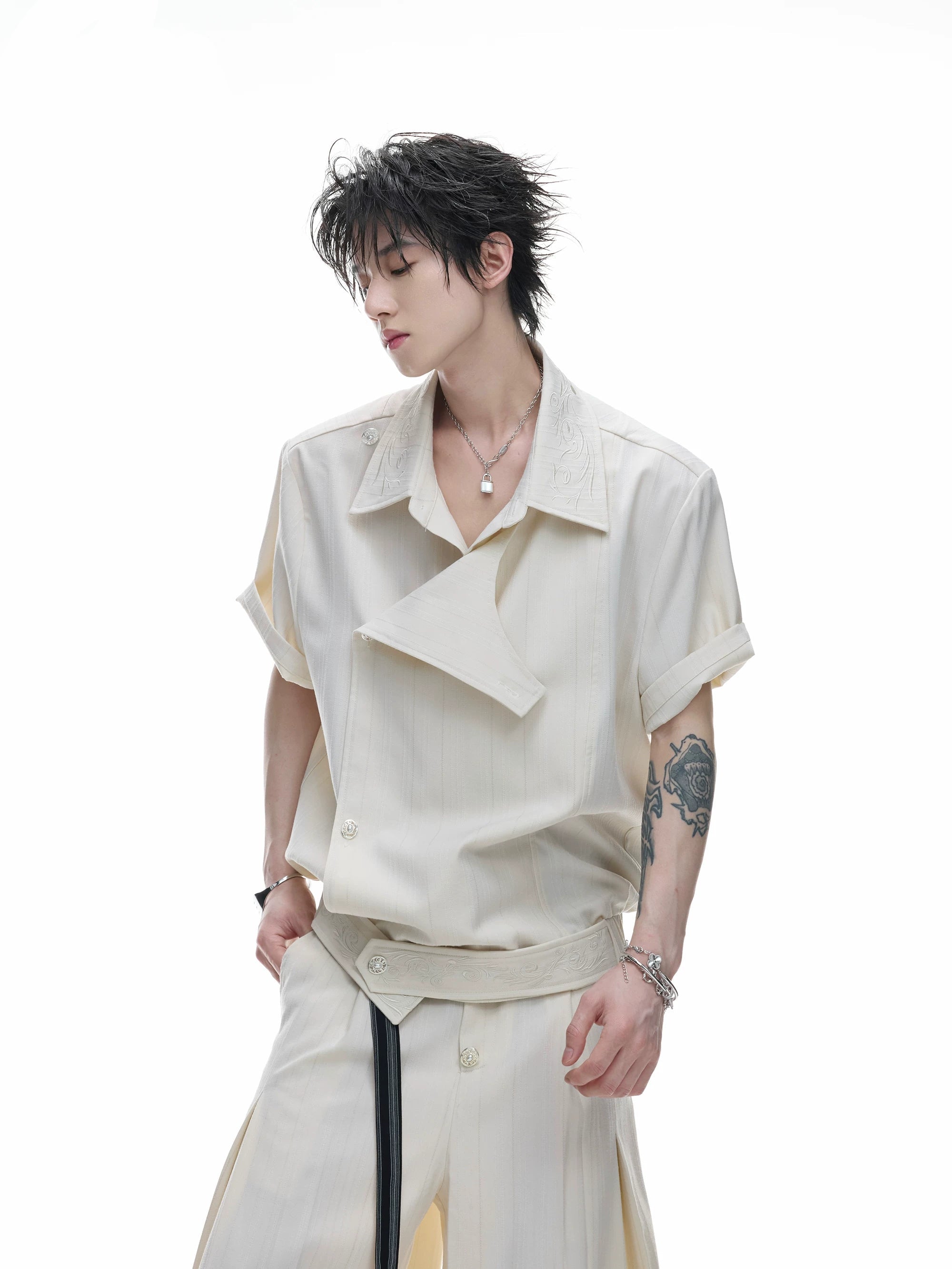Embroidered Asymmetric Stripe Shirt Tee