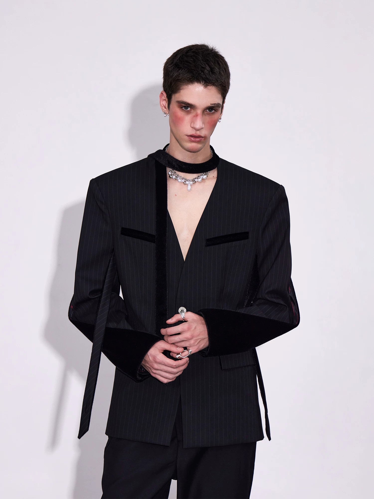 【26s Apr.】Deconstructed Stripe Panel V-Neck Tailored Jacket