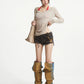 【25s Aug.】Raw Hem Patchwork Leather Denim Shorts