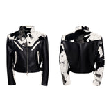 【25s Oct.】Cow Print Diagonal Zipper Plush Patchwork Leather Jacket