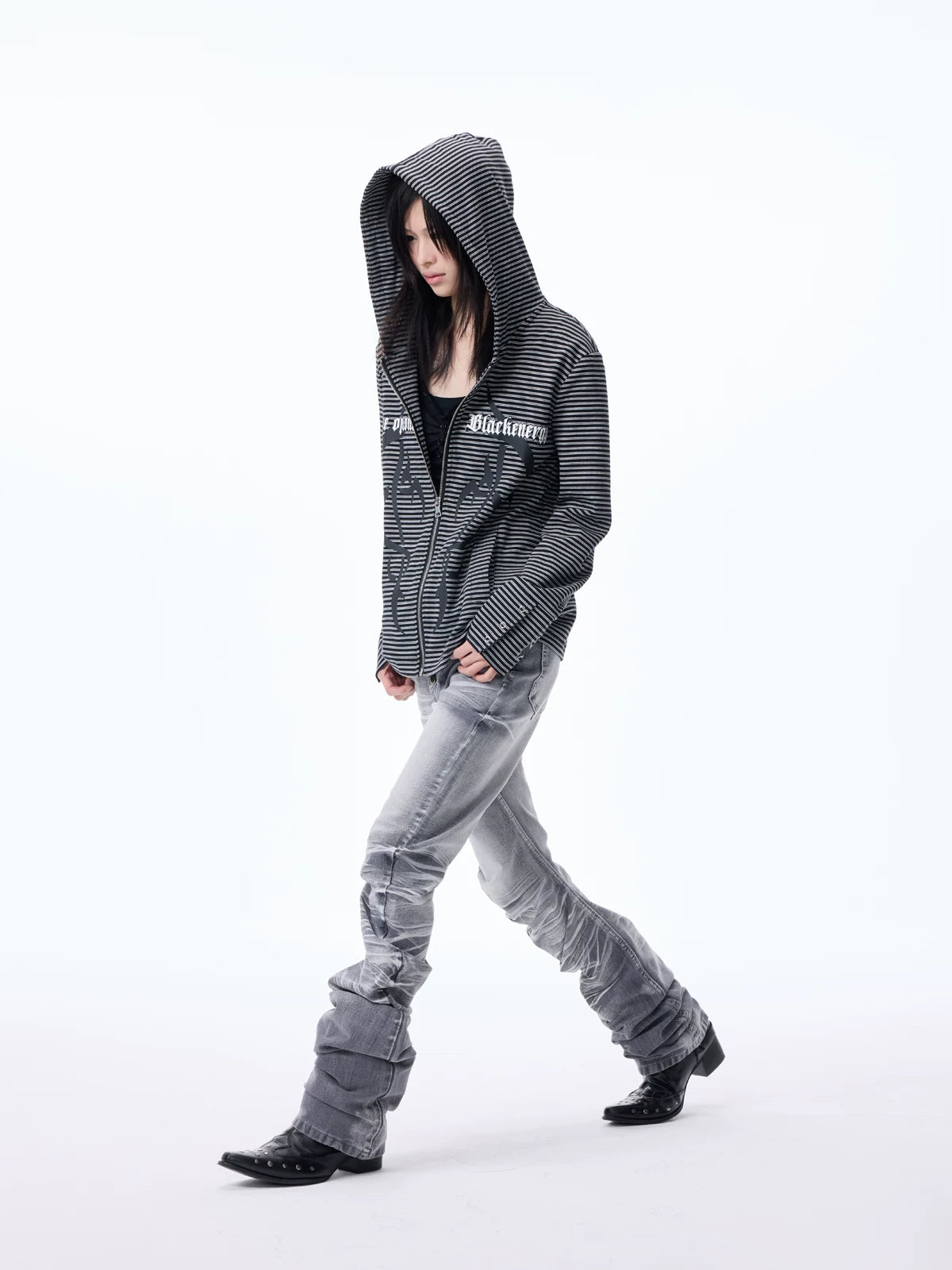 Striped Graphic Cropped Zip Hoodie