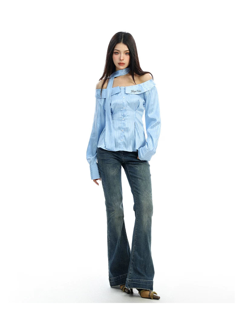 【26s Feb.】Korean Striped Off-Shoulder Waist-Fit Long-Sleeve Shirt