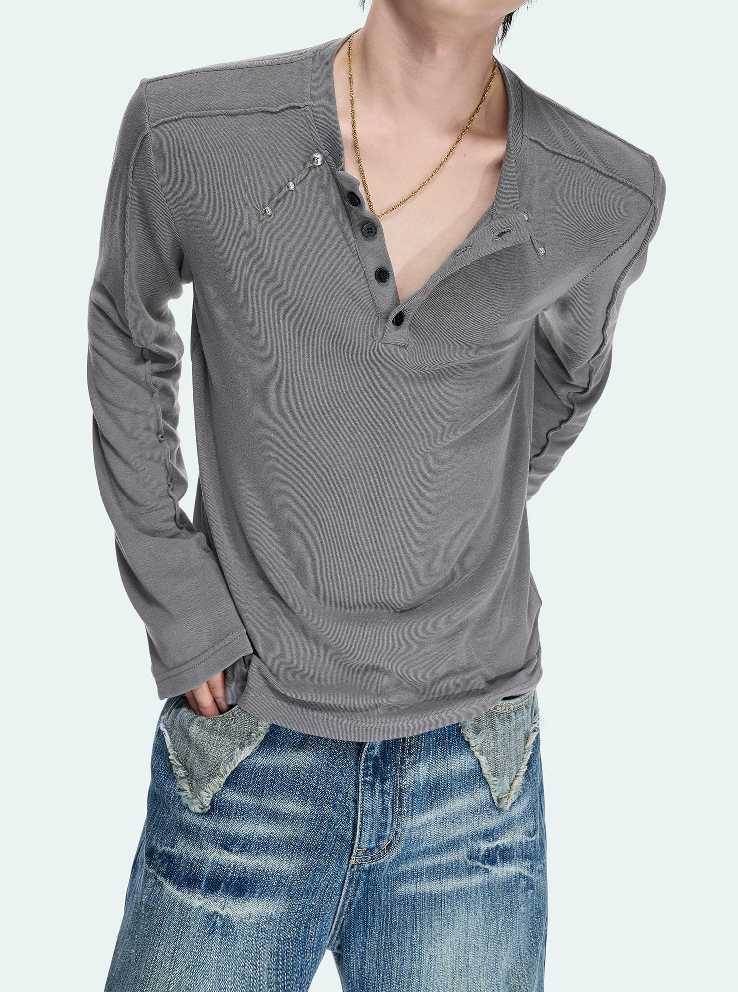 Deconstructed Studded Henley Tee
