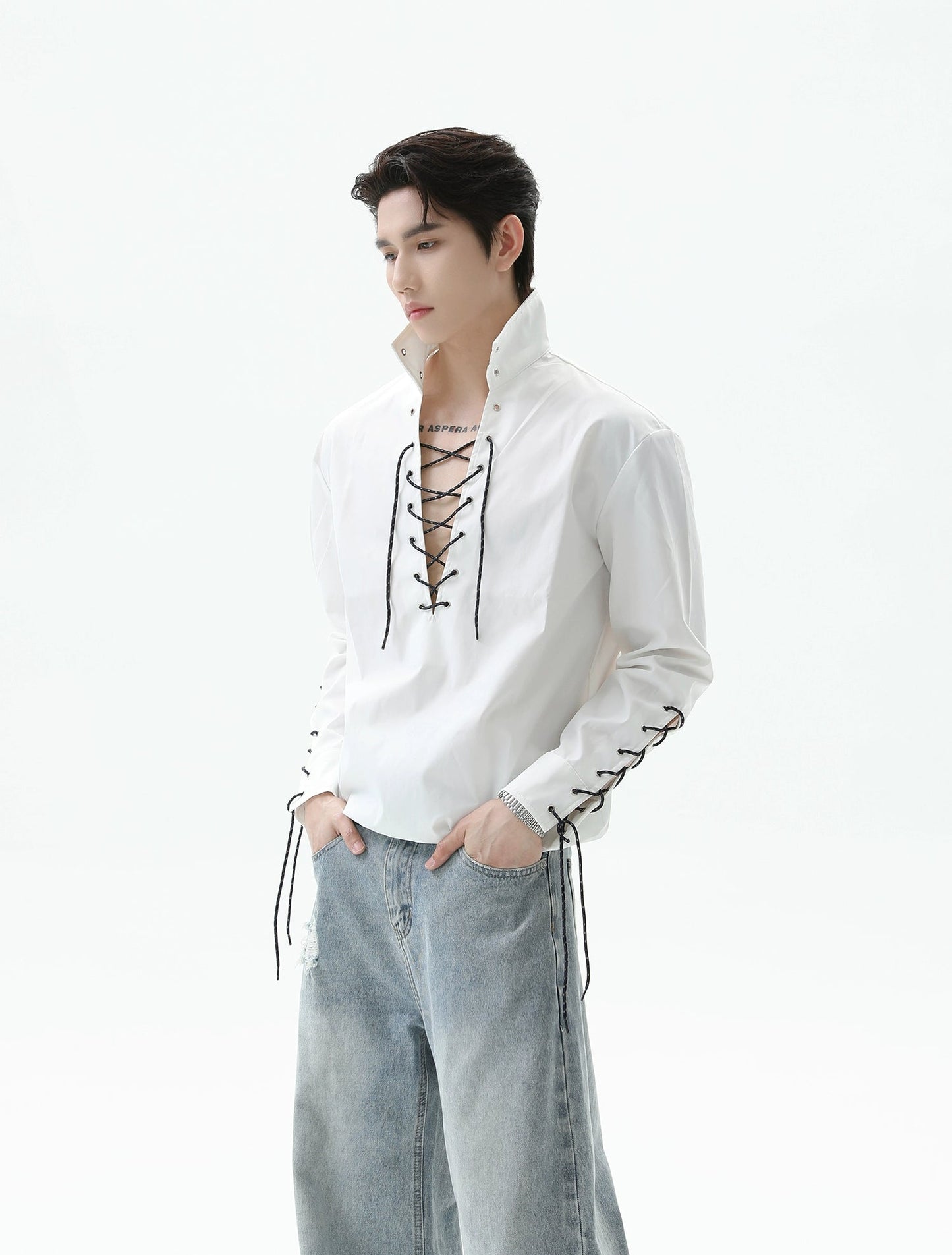 【25s Sep.】Deep V-neck Solid Color Tie-string Shirt