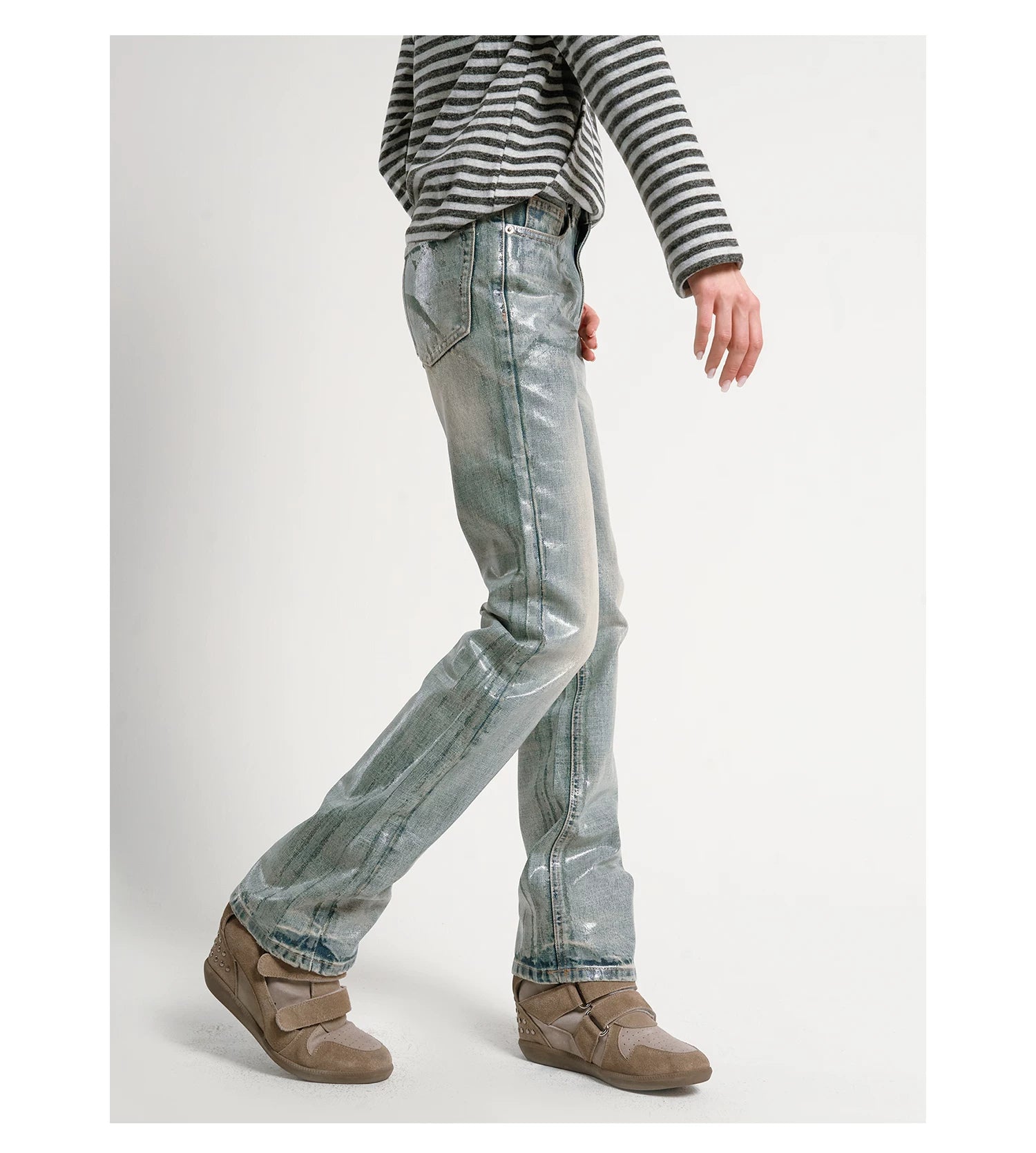 Ice Blue Crack Washed Flared Denim Jeans