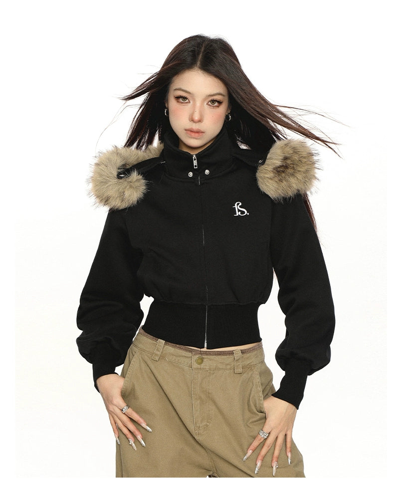 【25s Nov.】Detachable Fur Collar Hooded Short Jacket