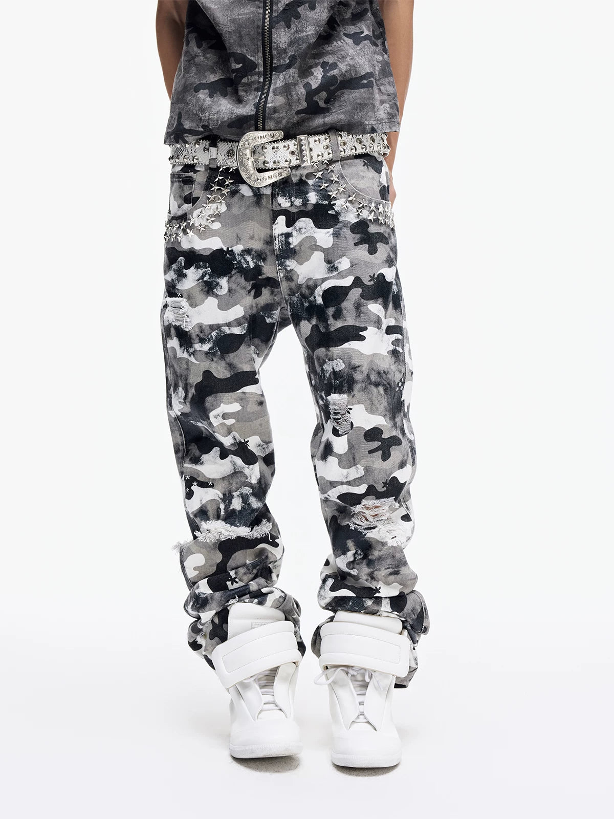 Waxed Camo Curved Flared Pants