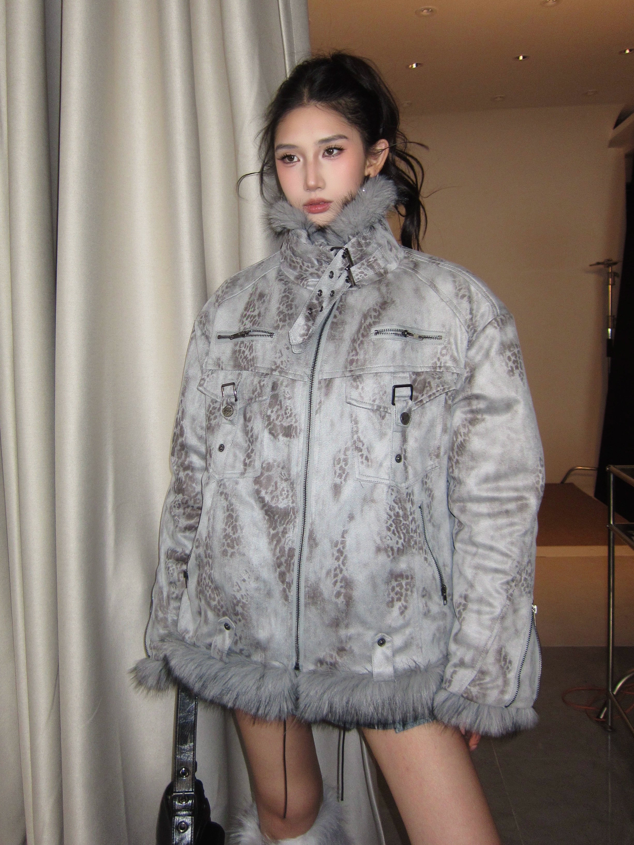 【25s Dec.】Leopard Print Patchwork Plush Turtleneck Jacket