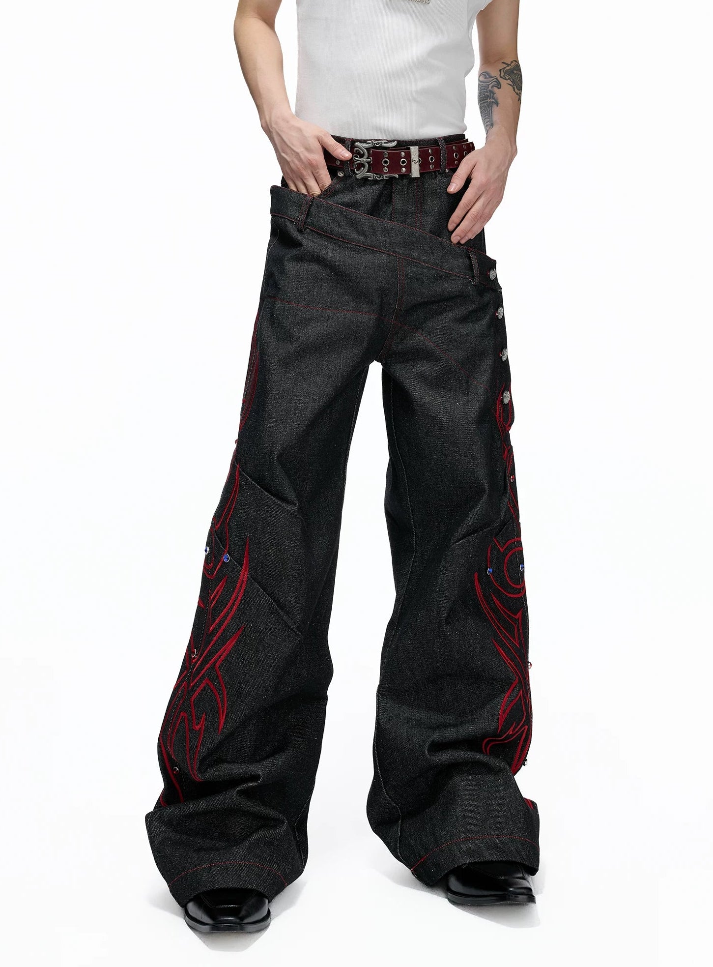 Black Red Raw Denim Embellished Jeans